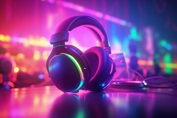 Gamer headset with RGB lights, gamer room in background, bokeh background. Generative AI