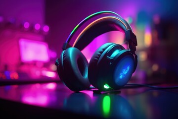 Obraz na płótnie Canvas Gamer headset with RGB lights, gamer room in background, bokeh background. Generative AI