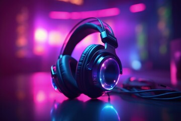Fototapeta na wymiar Gamer headset with RGB lights, gamer room in background, bokeh background. Generative AI