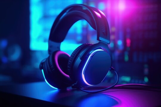 Gamer headset with RGB lights, gamer room in background, bokeh background. Generative AI