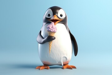 Penguin with ice cream, blue background, digital illustration. Generative AI