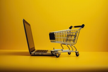 Trolley and laptop illustration, online store concept, yellow background. Generative AI