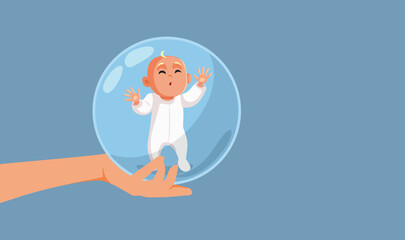 Overprotective Parent Holding the Baby in a Bubble in her Hand Vector Cartoon. Mother trying to keep her infant safe from the outside world 

