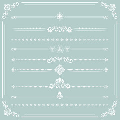 Vintage set of decorative vintage elements. Horizontal separators in the frame. Collection of different ornaments. Classic light blue and white patterns.