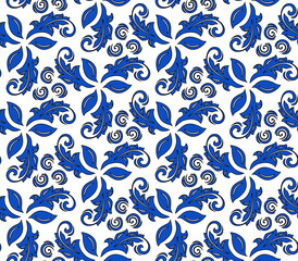 Floral ornament. Seamless abstract classic background with navy blue leaves. Pattern with repeating floral elements. Ornament for fabric, wallpaper and packaging