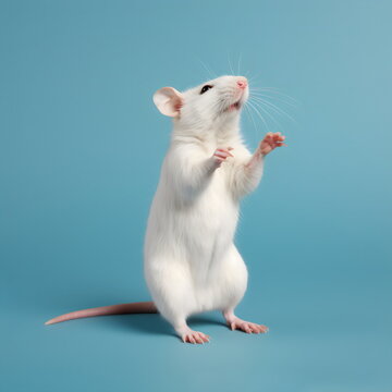 white mouse standing on hind legs isolated on plain blue studio background, made with generative ai	