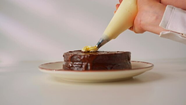 delicious freshly made chocolate Sacher or Prague cake on a white background decorated with cream from a pastry sleeve