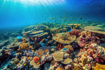 Fototapeta na wymiar Image of beautiful corals and fish under the sea. Sea animals. Illustration, Generative AI.