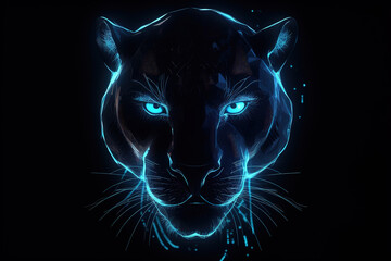 Image of a black panther with light that is in the digital world on a dark background. Wildlife Animals. illustration, generative AI.