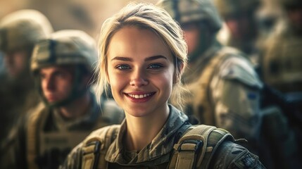 Fototapeta premium Smiling Young female adult soldier in a soldier's uniform together with other soldiers in a soldier's uniform on a mission. Generative AI 