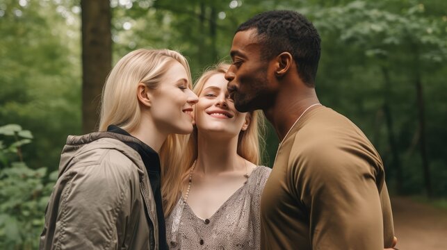 Polyamorous people, Smiling young women living in a Polyamorous relationship with a black  men, posing at a park. 	