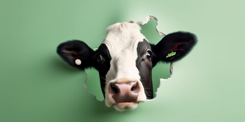Funny cow looks into the camera. Concept of dairy or meat products created with generative ai tools - obrazy, fototapety, plakaty