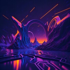 3d render, abstract neon background with glowing geometric shapes and seascape, terrain panoramic view, fantastic virtual reality