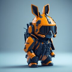 isometric view of a MINI cute futuristic soldier rabbit wearing cyberpunk jacket. orange skin. Cinematic, hyper detailed, white gradient background 
