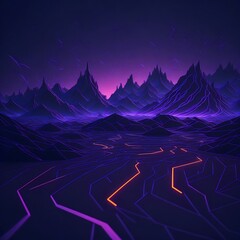 3d render, abstract neon background with glowing geometric shapes and seascape, terrain panoramic view, fantastic virtual reality 