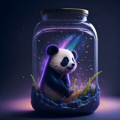 galaxy environment, Capturing A whimsical, a baby panda, winter spring wind rainbow a sprinkle of edible glitter in an unopenable dream magical jar, trippy, vivid, ultra details, colorful lighting