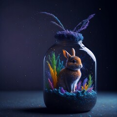 galaxy environment, Capturing A whimsical, a small rabbit baby, winter spring wind rainbow a sprinkle of edible glitter in an unopenable dream magical jar, , ultra details, colorful light