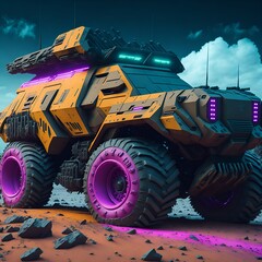 futuristic military truck with offroad tires with gun, neon, super realistic, modern