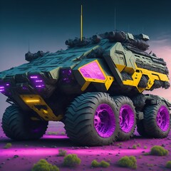 futuristic military truck with offroad tires with gun, neon, super realistic, modern