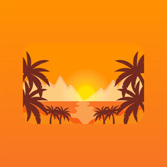 Fototapeta na wymiar Nature beach landscape illustration design. with coconut trees, mountain, etc.