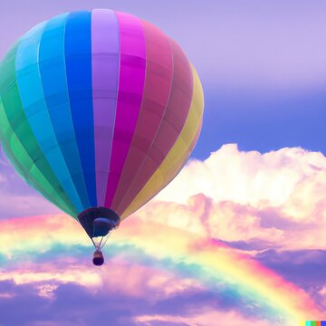 A rainbow-colored hot air balloon floating in the clouds Generative AI