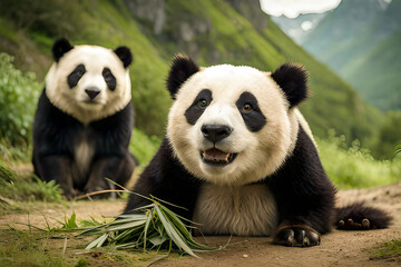 big panda bear, nature background, eating, looking at the camera