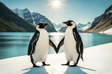 Obraz premium Emperor Penguin and Chick, Antarctica, building a heart, love between animals
