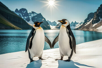 Obraz premium Emperor Penguin and Chick, Antarctica, building a heart, love between animals