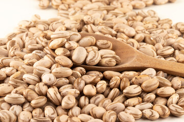 Selective focus on Carioca beans of wooden spoon.