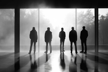 A group of standing men, in silhouette in a grey monochrome. Abstract business meetings.