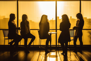 A group of sitting women, in silhouette looking out against a yellow background. Abstract business meetings.