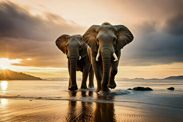 Fototapeta na wymiar elephants walking on the beach nature background, walking and looking at camera