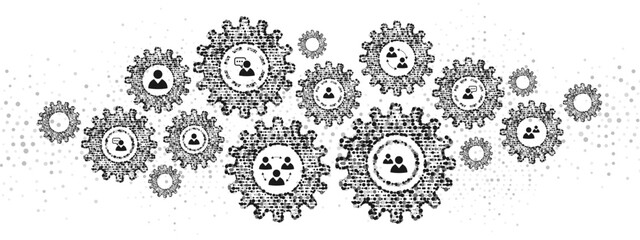 Halftone mechanical vector background frame. Symbols, icons people, communication, social networks. Texture  gears, plexus dots. Pattern linear particles, circles. Banner  presentation, technology