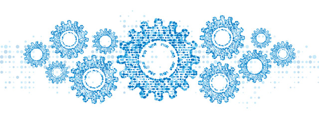 Blue mechanical vector background frame. Texture of gears made of plexus dots. Pattern of linear particles, circles, spheres. Poster for presentation, technology, medicine, business.