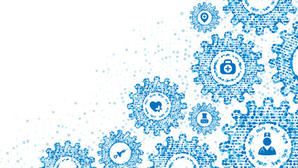 Blue mechanical vector background frame. Symbols, icons medicine, doctor. Texture of gears, plexus of dots. Pattern of linear particles, rings. Banner for presentation, technology, business.