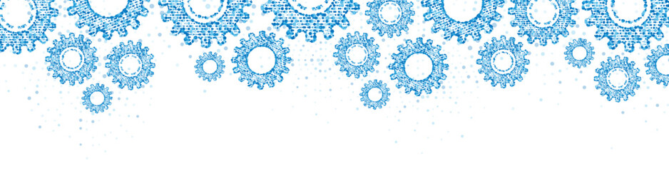 Blue mechanical vector background frame. Texture of gears made of plexus dots. Pattern of linear particles, circles, spheres. Poster for presentation, technology, medicine, business.