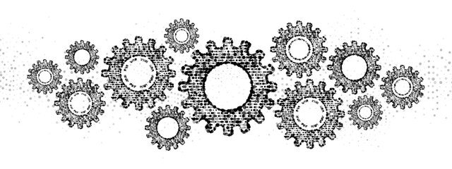 Halftone mechanical vector background frame. Texture of gears made of plexus dots. Pattern of linear particles, circles, spheres. Poster for presentation, technology, medicine, business.