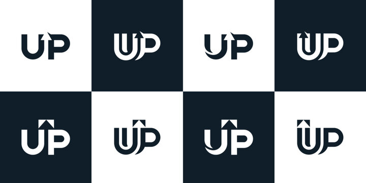 Collection of Startup logo logo design with Letter U and P with sign up arrow in word design graphic vector illustration. Symbol, icon, creative.