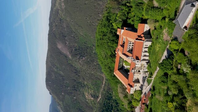 VERTICAL monastery santo estevo of ribas of sil, ourense, galicia, spain, aerial orbit