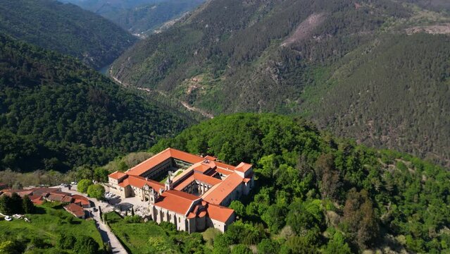 drone shot monastery santo estevo of ribas of sil, ourense, galicia, spain, orbit
