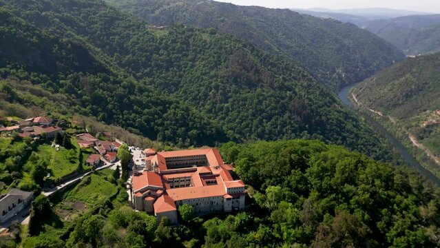 drone shot monastery santo estevo of ribas of sil, ribeira sacra, nogueira of ramu&iacute;n, ourense, galicia, spain