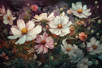 Illustration of Beautiful White Cosmos Flowers Growing in Field. generative ai