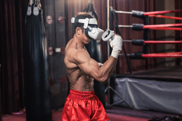 Fototapeta na wymiar Professional boxer wear virtual reality headsets to engage in immersive boxing workouts simulations while practicing their punching techniques. Live, customized training sessions with boxing coach
