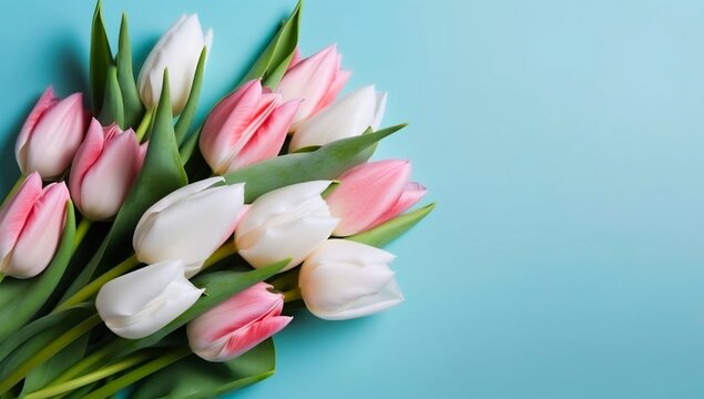Mother's Day concept. Top view photo of bouquet of white and pink tulips on isolated pastel blue background with copyspace generative ai variation 6