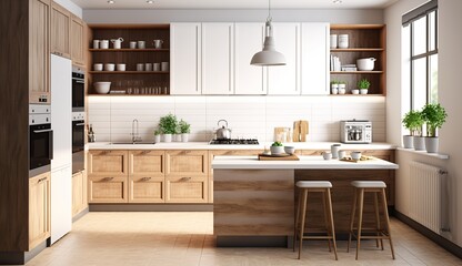 Fototapeta na wymiar Modern kitchen interior with kitchen with Generative AI