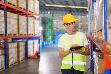 Happy cheerful caucasian white male warehouse worker checking an items or stock inventory in warehouse. 