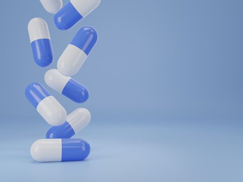 3d render, medicine pills tablets and capsules on blue background with copy space, medicine concepts, pharmaceutical concepts.
