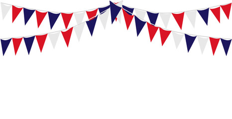 Bunting Hanging Red White Blue Flags Triangles Garland Banner Background. United State of America, France, Thailand, New Zealand, Netherlands, British, Great Britain, USA