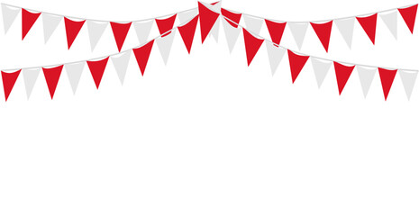 Obraz premium Bunting Hanging Red and White Flag Triangles Banner Background. Bunting flags for celebration, party, fair, market, sale. China, Canada, Swiss, Denmark concepts.