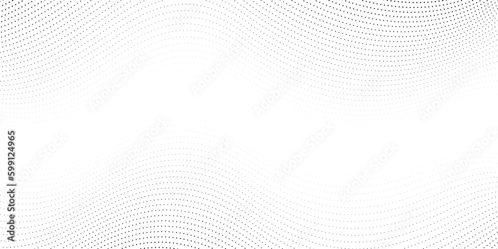 Poster Dotted wave lines background. Abstract Halftone stripes texture. Warped and curved dashed lines wallpaper. Black and white vector design template